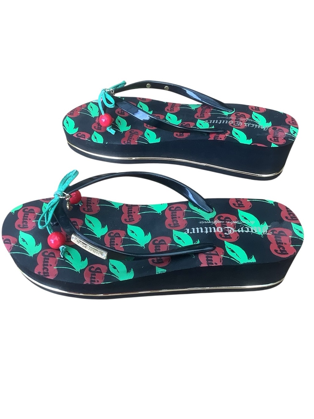 Juicy Couture Cherry Print Platform Flip Flops Size 6 Y2K Glam Wedge Sandals - Picture 3 of 6